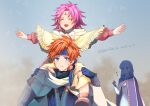  1boy 2girls artist_name blue_eyes blue_gloves blue_hairband blue_sky carrying closed_mouth dated emphasis_lines eyelashes facial_mark fae_(fire_emblem) fingerless_gloves fire_emblem fire_emblem:_the_binding_blade forehead_mark gloves hairband multiple_girls open_mouth outdoors outstretched_arms piggyback pink_hair red_hair roy_(fire_emblem) sand shawl shoochiku_bai short_hair sky smile sophia_(fire_emblem) standing twitter_username walking white_shawl 