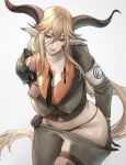  1girl absurdres animal_ears arknights armor bangs black_gloves blonde_hair boingoo breasts cleavage closed_mouth clothes_pull degenbrecher_(arknights) gloves goat_ears goat_girl goat_horns hair_between_eyes highres horns large_breasts long_hair looking_at_viewer military military_uniform navel necktie orange_skirt panties pants pulled_by_self seductive_smile shoulder_armor skirt smile solo underwear undressing uniform very_long_hair white_background yellow_eyes 