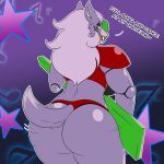  1:1 2021 absurd_res animatronic anthro big_butt butt canid canine canis clothed clothing english_text eyeshadow female five_nights_at_freddy&#039;s five_nights_at_freddy&#039;s:_security_breach hi_res holding_musical_instrument holding_object lipstick looking_at_viewer lunis1992 machine makeup mammal musical_instrument musical_note open_mouth purple_body purple_eyeshadow robot roxanne_wolf_(fnaf) scottgames solo teeth text tongue video_games wolf yellow_eyes 