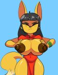 anthro asian asian_clothing bangs big_breasts blue_background breasts canid canine catoninetails chinese_clothing chinese_dress clothed clothing digital_media_(artwork) dress east_asian_clothing exposed_breasts female fox fur hair long_hair mammal nipples simple_background solo tail xi_xi_(catoninetails) yellow_body yellow_fur