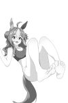  1girl ahoge animal_ears bakugeki0110 bare_shoulders barefoot breasts commentary_request copano_rickey_(umamusume) double_bun ear_covers ear_ornament fang feet foot_focus foreshortening full_body greyscale hair_bun hair_ornament highres horse_ears horse_girl horse_tail knees_up long_hair medium_breasts monochrome multicolored_hair open_mouth panties simple_background smile soles sports_bra streaked_hair tail tassel tassel_hair_ornament toes umamusume underwear white_background 