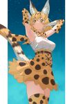  1girl animal_ear_fluff animal_ears armpits arms_behind_head arms_up bare_shoulders belt blonde_hair bow bowtie breasts cat_ears cat_girl cat_tail commentary cowboy_shot elbow_gloves extra_ears frilled_skirt frills gloves hair_between_eyes high-waist_skirt highres kemono_friends medium_breasts night night_sky print_bow print_bowtie print_gloves print_skirt print_thighhighs serval_(kemono_friends) serval_print shirt short_hair sidelocks skirt sky sleeveless sleeveless_shirt solo star_(sky) tail tanabe_(fueisei) thighhighs white_shirt yellow_eyes zettai_ryouiki 