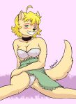anthro blonde_hair blush blush_lines bra breasts canid canine clothed clothing collar eyewear female fur glasses green_eyes hair hi_res jdanieloart looking_at_viewer mammal nipple_outline panties short_hair simple_background sitting smile solo spread_legs spreading underwear yellow_body yellow_fur