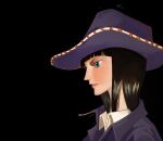  1girl black_background black_hair blue_eyes blunt_bangs close-up collared_jacket collared_shirt commentary cowboy_hat hat highres jacket linerynlasgalen medium_hair nico_robin one_piece profile purple_headwear purple_jacket shirt simple_background solo symbol-only_commentary white_shirt 