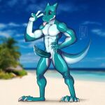  2018 4_fingers anthro beach blue_body blue_eyes blue_penis bodily_fluids deuzion dragon endertwinks erection fingers genital_fluids genitals hi_res looking_at_viewer male penis precum seaside solo tongue tongue_out 