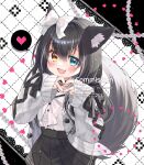 1girl :3 absurdres animal_ear_fluff animal_ears black_hair blue_eyes blush bow bowtie cardigan center_frills character_request commission fang frills hair_bow heart heart_hands heterochromia highres indie_virtual_youtuber long_hair long_sleeves momomoyn open_mouth pixel_heart pleated_skirt sailor_collar skeb_commission skin_fang skirt sleeves_past_wrists smile solo speech_bubble spoken_heart tail virtual_youtuber watermark wolf_ears wolf_girl wolf_tail yellow_eyes 