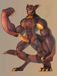  2018 anthro armor bodily_fluids claws deuzion digitigrade dripping endertwinks erection featureless_chest genital_fluids genitals headgear helmet hi_res male muscular muscular_male penis precum precum_drip simple_background solo yellow_claws yellow_penis 