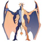 anthro blue_body claws dragon hi_res l4uhmo male multicolored_body muscular muscular_anthro muscular_male orange_body sharp_claws solo spread_wings symmetry wings