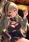  1girl ammo21204760 bar_(place) black_hair blonde_hair blush breasts character_name cleavage cup fingerless_gloves girls&#039;_frontline gloves green_eyes headphones holding holding_cup ice ice_cube lamg_(girls&#039;_frontline) long_hair looking_at_viewer mole mole_under_eye multicolored_hair multiple_moles pink_nails single_glove sitting smile solo streaked_hair tongue tongue_out 