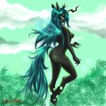  abstract_background absurd_res anthro arthropod bent_leg breasts caliluminos changeling cloud female friendship_is_magic hi_res looking_at_viewer my_little_pony nude queen_chrysalis_(mlp) side_boob side_view solo 