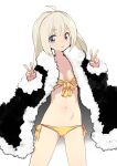  1girl ahoge alternate_costume bikini black_coat blue_eyes breasts cleavage closed_mouth coat commentary_request double_v front-tie_bikini_top front-tie_top fur-trimmed_coat fur_trim hands_up highres kizuna_akari legs_apart long_hair long_sleeves looking_at_viewer medium_breasts open_clothes open_coat side-tie_bikini_bottom simple_background solo standing stomach swimsuit v vocaloid voiceroid white_background white_hair yamadori_seika yellow_bikini 
