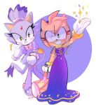  2girls amy_rose animal_ears blaze_the_cat blue_dress boots cat_ears cat_girl cat_tail dress forehead_jewel furry furry_female gloves hammer heartludwig highres holding holding_hammer multiple_girls one_eye_closed pink_fur purple_dress purple_fur sonic_(series) tail thigh_boots white_gloves yellow_eyes 