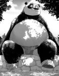 absurd_res anthro bear belly bottomwear clothing dappled_light detailed_background dreamworks footwear giant_panda hi_res kung_fu_panda male mammal master_po_ping ottotopus overweight shorts smile socks solo