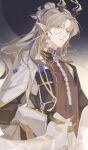  1boy arknights brown_hair chinese_clothes clipsang highres long_hair looking_at_viewer multicolored_hair pointy_ears solo streaked_hair very_long_hair yellow_eyes zhi_(arknights) 