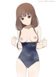  1girl absurdres ass_visible_through_thighs blue_one-piece_swimsuit breasts brown_eyes brown_hair closed_mouth clothes_pull collarbone competition_school_swimsuit coro_fae covered_navel cowboy_shot dot_nose expressionless fanbox_username head_tilt highres iino_miko kaguya-sama_wa_kokurasetai_~tensai-tachi_no_renai_zunousen~ long_hair looking_down low_twintails medium_breasts nipples one-piece_swimsuit one-piece_swimsuit_pull paid_reward_available pulled_by_self school_swimsuit simple_background solo split_mouth standing steam swimsuit twintails twitter_username web_address wet wet_clothes wet_swimsuit white_background 