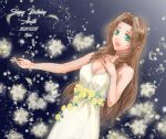  1girl aerith_gainsborough aerith_gainsborough_(white_floral_dress) brown_hair dress english_text eyelashes final_fantasy final_fantasy_vii final_fantasy_vii_remake flower green_eyes happy_birthday long_dress long_hair open_mouth parted_bangs sidelocks smile sparkle white_dress ycljsuyqas9h0m8 yellow_flower 