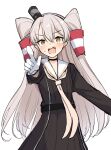  1girl amatsukaze_(kancolle) angry belt black_belt black_choker black_dress blush brown_neckerchief choker commentary cowboy_shot dress fangs gloves grey_hair hair_between_eyes hair_tubes headband highres kantai_collection long_hair long_sleeves looking_at_viewer neckerchief one-hour_drawing_challenge open_mouth pointing pointing_at_viewer sailor_collar sailor_dress sakikumo_(sakumo) simple_background smokestack_hair_ornament solo standing sweatdrop two_side_up white_background white_gloves white_sailor_collar yellow_eyes 