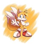  1boy absurdres animal_nose artist_name blue_eyes commentary english_commentary fox_boy fox_cub furry furry_male gloves highres looking_at_viewer male_focus multiple_tails novika orange_fur shoes smile sneakers solo sonic_(series) sonic_the_hedgehog_(classic) tail tails_(sonic) two_tails white_gloves 