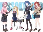  4girls bass_guitar black_cardigan black_pantyhose black_skirt black_socks black_sweater_vest blonde_hair blue_eyes blue_hair blue_skirt blush bocchi_the_rock! bow bowtie breasts brown_footwear brown_sailor_collar brown_shirt cardigan closed_mouth commentary drum drum_set drumsticks electric_guitar full_body gibson_les_paul gotoh_hitori green_eyes guitar hand_up highres holding holding_drumsticks ijichi_nijika instrument jacket kita_ikuyo large_breasts loafers long_sleeves looking_at_viewer medium_hair miniskirt multiple_girls music one_eye_closed one_side_up open_mouth pantyhose pink_hair pink_jacket playing_instrument pleated_skirt polka_dot_bowtie red_bow red_bowtie red_eyes red_hair sailor_collar school_uniform shimokitazawa_high_school_uniform shirt shoes short_hair shuka_high_school_uniform side_ponytail simple_background sitting skirt smile socks sweater_vest thighs track_jacket white_background white_shirt white_socks yamada_ryo yellow_eyes yoru0409 