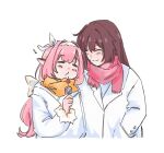  2girls brown_hair closed_eyes coat commentary eden_(honkai_impact) eighth_note elysia_(honkai_impact) food fruit highres holding holding_food honkai_(series) honkai_impact_3rd long_hair long_sleeves multiple_girls musical_note pink_hair pink_scarf pointy_ears scarf simple_background smile strawberry symbol-only_commentary upper_body white_background white_coat yaro_yk yellow_scarf yuri 