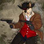 absurd_res anthro canid canine canis cigar cowboy gun handgun hi_res lucky_(disambiguation) luckywolff lupis male mammal outlaw pistol pistols ranged_weapon revolver revolvers smoke solo thehuntingwolf weapon western wolf