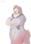 alternate_species anthro areola barely_visible_genitalia barely_visible_pussy big_breasts blush blush_lines bodily_fluids breasts brown_hair canid canine canis chest_tuft clothing collar dress eyelashes female fur genitals grey_body grey_fur hair hi_res huge_breasts kagerou_imaizumi leash long_hair looking_at_viewer mammal markings meidoelun mole_(marking) mole_under_eye nipples open_mouth pink_areola pink_nipples purple_clothing purple_dress pussy red_eyes simple_background solo sweat sweatdrop thick_thighs tongue tongue_out touhou translucent translucent_clothing translucent_dress tuft white_background wide_hips wolf