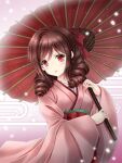  1girl amou_yuu bow brown_hair drill_hair hair_bow hakama harukaze_(kancolle) highres holding holding_umbrella japanese_clothes kantai_collection kimono meiji_schoolgirl_uniform oil-paper_umbrella pink_hakama pink_kimono red_bow red_eyes red_umbrella solo twin_drills umbrella wide_sleeves 