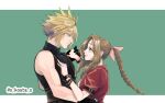  1boy 1girl aerith_gainsborough belt black_gloves blonde_hair blue_eyes blue_shirt border braid braided_ponytail breasts brown_belt brown_hair closed_mouth cloud_strife couple dress final_fantasy final_fantasy_vii gloves green_background green_eyes hair_between_eyes hair_ribbon hand_on_another&#039;s_chest hand_on_another&#039;s_hip hetero holding_hands jacket letterboxed long_hair looking_at_another medium_breasts multiple_belts parted_bangs pink_dress pink_ribbon profile puffy_short_sleeves puffy_sleeves red_jacket ribbon s_kouta_s shirt short_hair short_sleeves sidelocks single_bare_shoulder single_braid sleeveless sleeveless_turtleneck smile spiked_hair suspenders turtleneck twitter_username upper_body wavy_hair white_border 