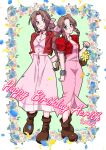  2024 2girls absurdres aerith_gainsborough arms_behind_back bolo_tie boots bow bracelet breasts brown_footwear button_dress cleavage cropped_jacket dress drill_hair dual_persona final_fantasy final_fantasy_vii final_fantasy_vii_remake floral_border flower flower_basket green_eyes happy_birthday highres jacket jewelry multiple_girls pink_bow pink_dress red_jacket shikiwo standing twin_drills 