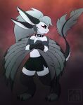 abstract_background avali clothing collar crossed_arms crossover fluffy grey_wings hazbin_hotel_oc hi_res junipersketch leggings legwear piercing red_eyes spiked_collar spikes wings