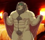 abs anthro bedroom brown_hair chest_tuft crotch_tuft embarrassed eyes_clossed felid fur hair headban hi_res lion male mammal mane maron2475 muscular muscular_male neck_tuft nipples null pantherine pecs pubes solo tuft undressing_self yellow_body yellow_fur