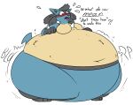 2022 3_toes 4_fingers ?! aliasing anthro belly belly_tuft big_belly big_breasts black_hair black_inner_ear black_markings black_text blorp blue_arms blue_body blue_ears blue_fur blue_mouth blue_tail bodily_fluids bottom_heavy breasts canid canine chest_spike colored digital_drawing_(artwork) digital_media_(artwork) english_text exclamation_point featureless_breasts feet female female_anthro fingers fist flying_sweatdrops front_view full-length_portrait fur generation_4_pokemon gloves_(marking) hair hand_spike huge_belly huge_hips huge_thighs hyper hyper_belly hyper_hips hyper_inflation implied_permanent inflation leg_markings lucario mammal markings morbidly_obese morbidly_obese_anthro morbidly_obese_female navel nintendo nude nude_anthro nude_female obese obese_anthro obese_female open_mouth overweight overweight_anthro overweight_female panicking pear-shaped_figure pokemon pokemon_(species) portrait prick_ears purple_eyes question_mark quotation_marks simple_background simple_coloring socks_(marking) solo sound_effects spikes spikes_(anatomy) stuttering sweat sweatdrop tail talking_to_another tan_body tan_breasts tan_fur tan_tuft text thatoneaceguy thick_thighs three-quarter_view toes tongue tuft underline white_background white_spikes wide_hips