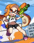  1girl average-hanzo bandaid bandaid_on_knee bandaid_on_leg bike_shorts black_shorts clenched_hand collarbone commentary english_commentary foot_up forehead full_body gun highres holding holding_gun holding_weapon inkling_girl inkling_player_character navel open_mouth orange_hair outdoors purple_footwear shirt short_shorts short_sleeves shorts solo splatoon_(series) standing standing_on_one_leg teeth tentacle_hair thick_eyebrows weapon white_shirt 