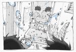  2boys bathroom border brothers brushing_teeth calendar_(object) closed_eyes dutch_angle eokonuzu faucet floating floating_object hair_dryer hands_up holding holding_toothbrush index_finger_raised indoors kageyama_ritsu kageyama_shigeo levitation long_sleeves looking_at_another male_focus messy_hair mirror mob_psycho_100 monochrome multiple_boys out_of_frame pajamas psychic reflection short_hair siblings sideways_glance sink sleepy toothbrush toothbrush_in_mouth toothpaste towel_rack window_blinds 