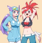  2girls arms_behind_head bare_arms bare_shoulders black_shirt blue_suit blue_unitard blush breasts collarbone crop_top denim edvv8447 flannery_(pokemon) goggles goggles_on_head hair_wings hand_on_own_hip heart highres jeans large_breasts long_hair midriff multiple_girls navel pants pilot_helmet pilot_suit pokemon pokemon_oras ponytail purple_eyes purple_hair red_eyes red_hair red_undershirt shirt split_ponytail suit undershirt winona_(pokemon) 