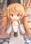  1boy 1girl absurdres basket blonde_hair bread crossed_bangs dress dwarf eating food highres holding holding_food juliette_(mushoku_tensei) kaneko_ryou long_hair mushoku_tensei orange_eyes pouch solo_focus white_dress 