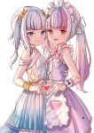  2girls :d absurdres apron bangs blue_eyes blue_hair blue_nails blunt_bangs braid breasts commentary_request eyebrows_visible_through_hair fang fang_out gawr_gura hair_ornament heart heart_hands heart_hands_duo highres hololive hololive_english looking_at_viewer multicolored_hair multiple_girls murasaki_shion nail_polish official_alternate_costume open_mouth orange_eyes pink_hair purple_hair ray_peng sleeveless small_breasts smile star_(symbol) star_hair_ornament twintails two-tone_hair v-shaped_eyebrows virtual_youtuber waist_apron white_hair wrist_cuffs 