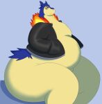  anthro belly big_butt butt clothing don_(megacoolbear) fire fur hands_in_pockets hi_res huge_thighs jacket leather leather_clothing leather_jacket leather_topwear male megacoolbear_(artist) nintendo overweight overweight_anthro overweight_male pockets pok&eacute;mon pok&eacute;mon_(species) sitting solo thick_thighs topwear typhlosion video_games 