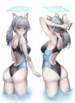  1girl absurdres animal_ears ass bare_arms bare_legs bare_shoulders black_one-piece_swimsuit blue_archive blue_eyes blush breasts closed_mouth competition_swimsuit extra_ears grey_hair highres medium_breasts medium_hair multiple_views official_alternate_costume one-piece_swimsuit shiroko_(blue_archive) shiroko_(swimsuit)_(blue_archive) swimsuit uth_95 wolf_ears 