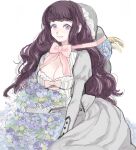  1girl artist_request bad_drawr_id bad_id black_hair blue_flower bonnet bouquet bow bowtie breasts buttons character_request cleavage closed_mouth copyright_request curly_hair dress dress_bow flower grey_dress juliet_sleeves large_breasts leaf long_hair long_sleeves looking_at_viewer oekaki pink_bow pink_bowtie puffy_sleeves purple_eyes red_eyes simple_background sitting solo two-tone_eyes unworn_headwear wariza wheat white_background 