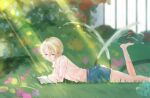  1boy alois_trancy blonde_hair blue_eyes book bug butterfly grass hair_between_eyes kuroshitsuji light_rays lying on_stomach outdoors qi_yushi shirt short_shorts shorts smile socks solo sprinkler wet wet_clothes wet_shirt 