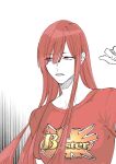  1girl buster_shirt collarbone fate/grand_order fate_(series) hair_between_eyes hand_up highres long_hair looking_to_the_side oda_nobunaga_(fate) oda_nobunaga_(maou_avenger)_(fate) parted_lips red_eyes red_hair red_shirt red_theme shirt simple_background solo t-shirt upper_body urup_zzz white_background 