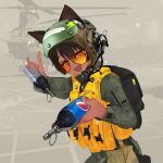  1girl :d absurdres aircraft animal_ears backpack bag black_bag bottle cat_ears ch-47_chinook fangs green_jumpsuit grey_background headset helicopter helmet highres holding holding_bottle jumpsuit life_vest looking_at_viewer military military_uniform military_vehicle open_mouth orange-tinted_eyewear pepsi pilot_helmet pilot_suit polilla reaching reaching_towards_viewer round_eyewear smile smirk solo standing tinted_eyewear uniform vest water_bottle yellow_vest 