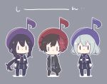  3boys arms_at_sides black_jacket bob_cut boots buttons chibi double-breasted full_body goma_sodapop grey_hair hair_ornament hizen_tadahiro honebami_toushirou jacket lineup long_hair long_sleeves looking_at_viewer male_focus multicolored_hair multiple_boys musical_note musical_note_hair_ornament namazuo_toushirou outline pants ponytail purple_jacket purple_pants red_hair short_hair simple_background standing touken_ranbu two-tone_hair very_long_hair white_outline 