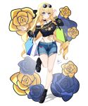  1girl absurdres alternate_costume bare_shoulders black_choker black_footwear black_shirt blonde_hair blue_eyes choker commentary crop_top denim denim_shorts eyewear_on_head genshin_impact highres long_hair long_sleeves looking_at_viewer midriff moshimoshidraw navia_(genshin_impact) no_headwear off-shoulder_shirt off_shoulder ribbon shirt shoes shorts simple_background smile solo standing standing_on_one_leg stomach sunglasses thighs very_long_hair white_background yellow_ribbon 