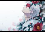  1boy absurdres adam&#039;s_apple branch choker closed_mouth covered_eyes facing_up flower from_side grey_hair highres hood hood_down letterboxed male_focus nature portrait profile red_flower rei_(usabiba) short_hair snowing solo touken_ranbu tsurumaru_kuninaga white_background 