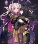  arm_around_waist black_hair black_shawl bodystocking breasts bridal_gauntlets cape cleavage covered_navel dragonstone evil_smile eyes_of_grima feather_hair_ornament feathers fire_emblem fire_emblem_awakening fire_emblem_heroes grey_hair grima_(fire_emblem) hair_ornament hand_tattoo highres lilshironeko purple_cape robin_(female)_(fell_tactician)_(fire_emblem) robin_(female)_(fire_emblem) robin_(fire_emblem) see-through see-through_cleavage shawl smile tattoo tharja_(plegian)_(fire_emblem) tiara twintails yuri 