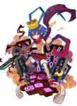  1boy antenna_hair belt blue_hair bracelet crown demon_boy disgaea disgaea_rpg full_body hair_between_eyes holding holding_weapon jewelry laharl male_focus navel official_art pointy_ears red_eyes red_scarf scarf shorts smile solo teeth topless_male transparent_background weapon 