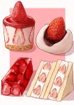  border cake cake_slice dessert food food_focus fruit kaneko_ryou no_humans original pastry pink_background sparkle still_life strawberry strawberry_shortcake white_border 