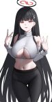  1girl bare_shoulders black_hair blue_archive blunt_bangs breasts bright_pupils clothing_cutout commentary_request cowboy_shot cropped_sweater detached_sleeves double_v grey_sweater halo highres large_breasts long_hair looking_at_viewer mechanical_halo midriff mizoshi-x navel panties panties_under_pantyhose pantyhose parted_lips red_eyes ringed_eyes rio_(blue_archive) simple_background solo standing sweater turtleneck turtleneck_sweater underboob underboob_cutout underwear v very_long_hair watch white_background white_pupils wristwatch 